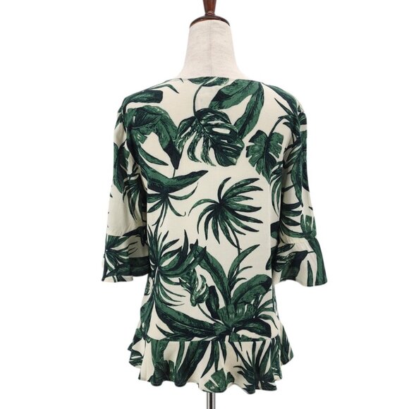 NEW H&M Womens 4 Top Tropical Leaf Ivory Green Bell Sleeve V-Neck Boho Party - Picture 5 of 10